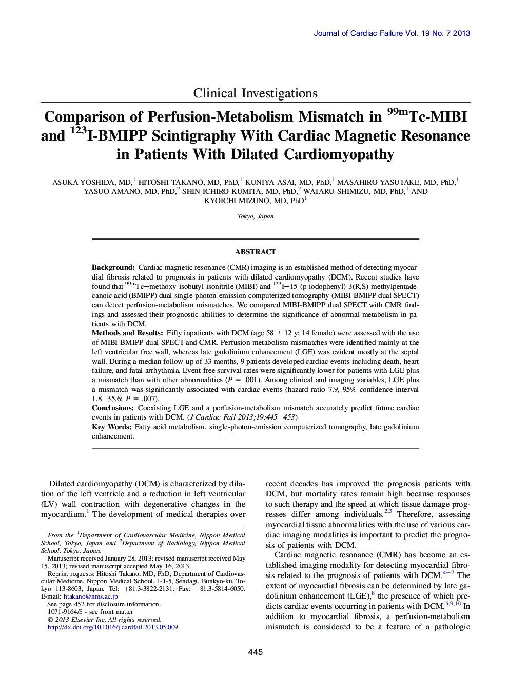 Comparison of Perfusion-Metabolism Mismatch in 99mTc-MIBI and 123I-BMIPP Scintigraphy With Cardiac Magnetic Resonance in Patients With Dilated Cardiomyopathy
