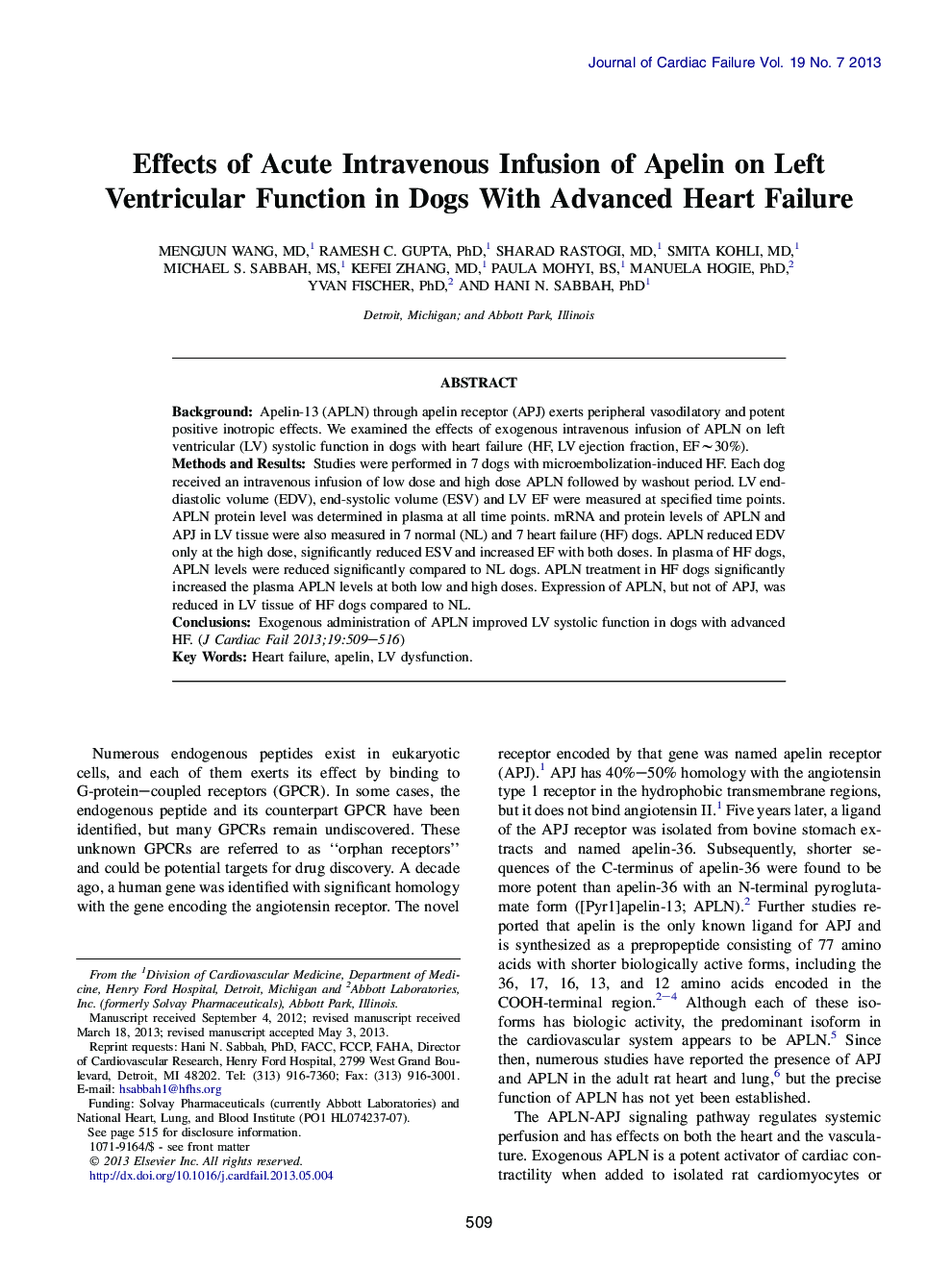 Effects of Acute Intravenous Infusion of Apelin on Left Ventricular Function in Dogs With Advanced Heart Failure