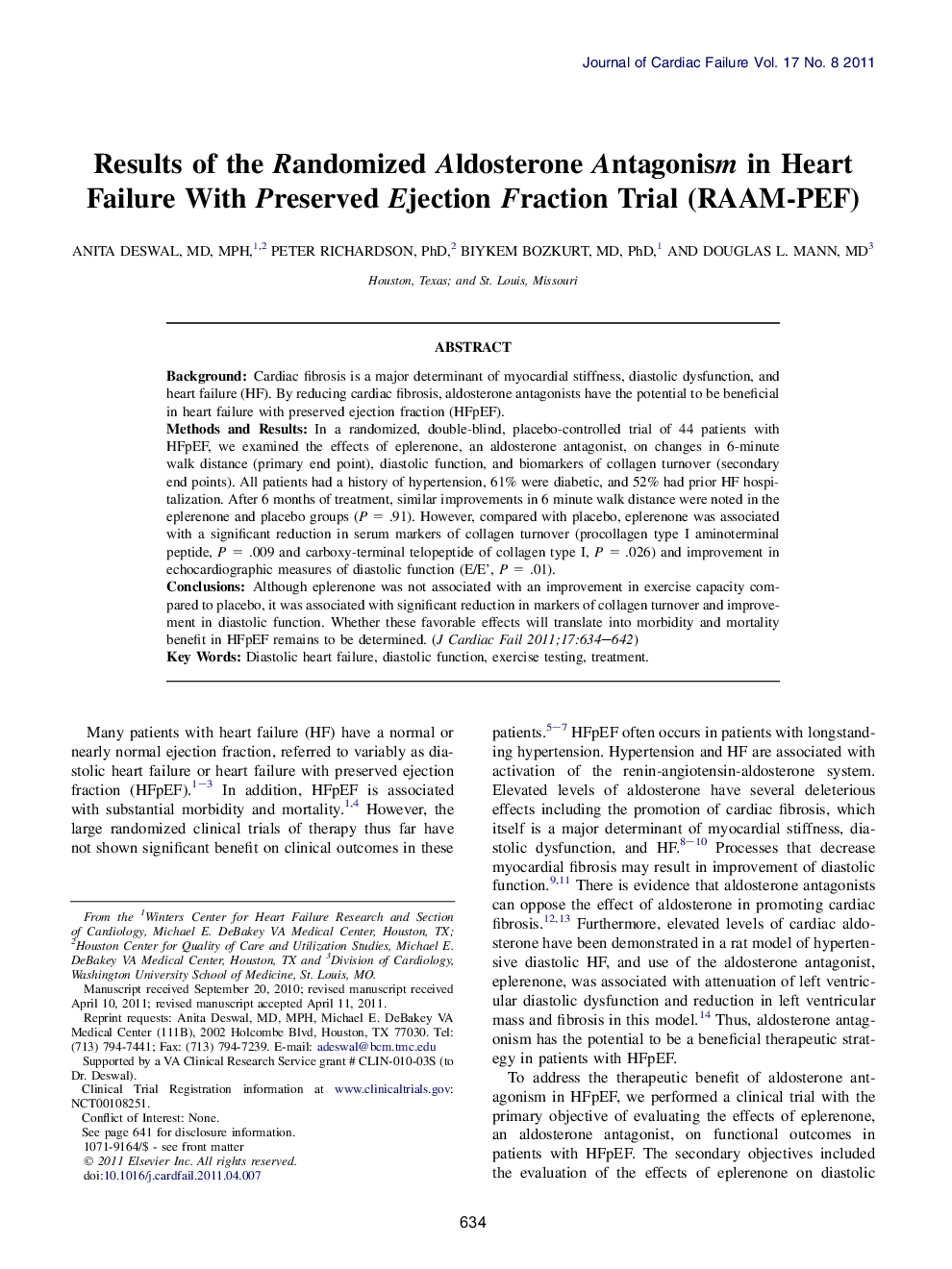 Results of the Randomized Aldosterone Antagonism in Heart Failure With Preserved Ejection Fraction Trial (RAAM-PEF)