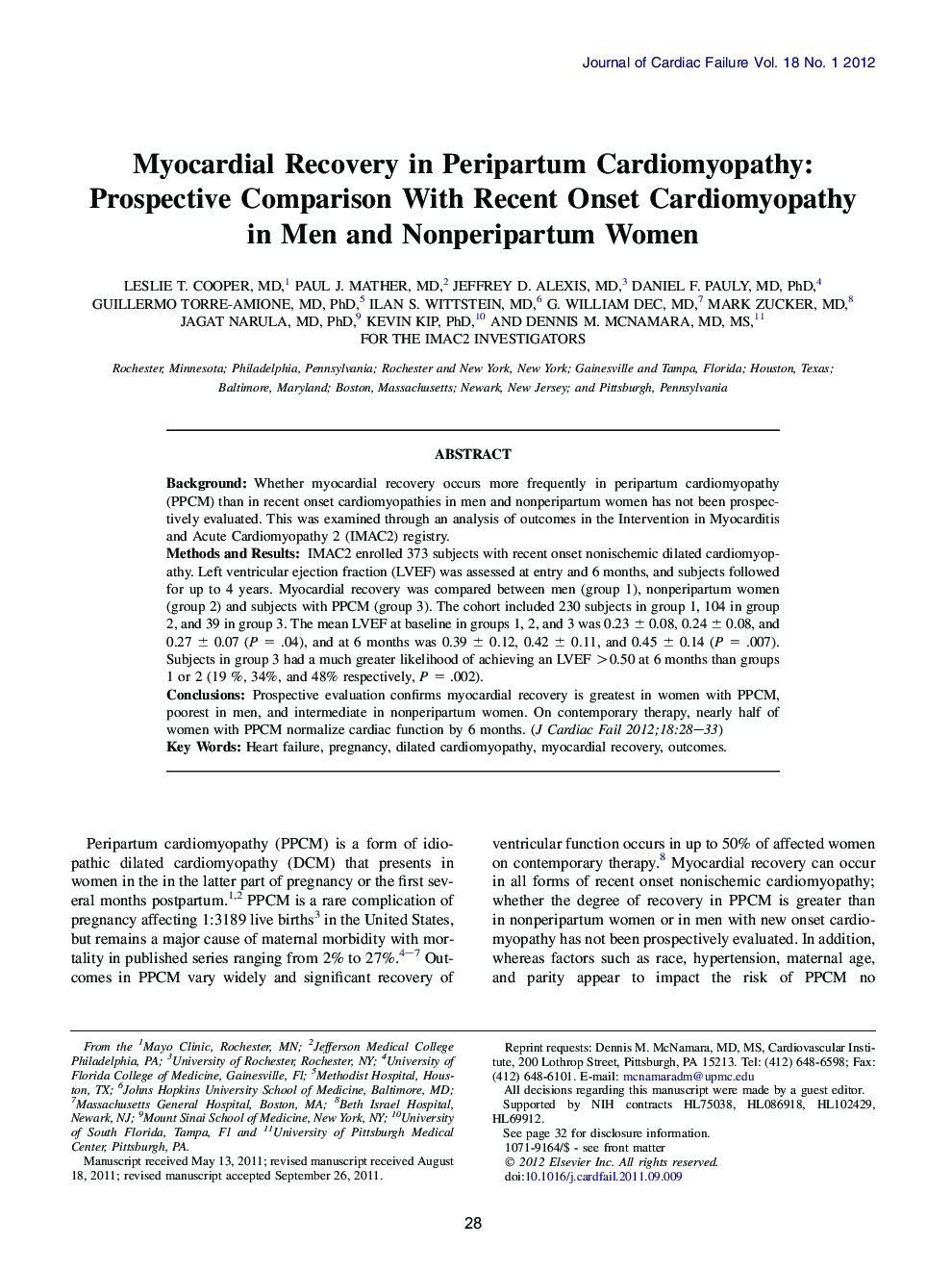 Myocardial Recovery in Peripartum Cardiomyopathy: Prospective Comparison With Recent Onset Cardiomyopathy in Men and Nonperipartum Women