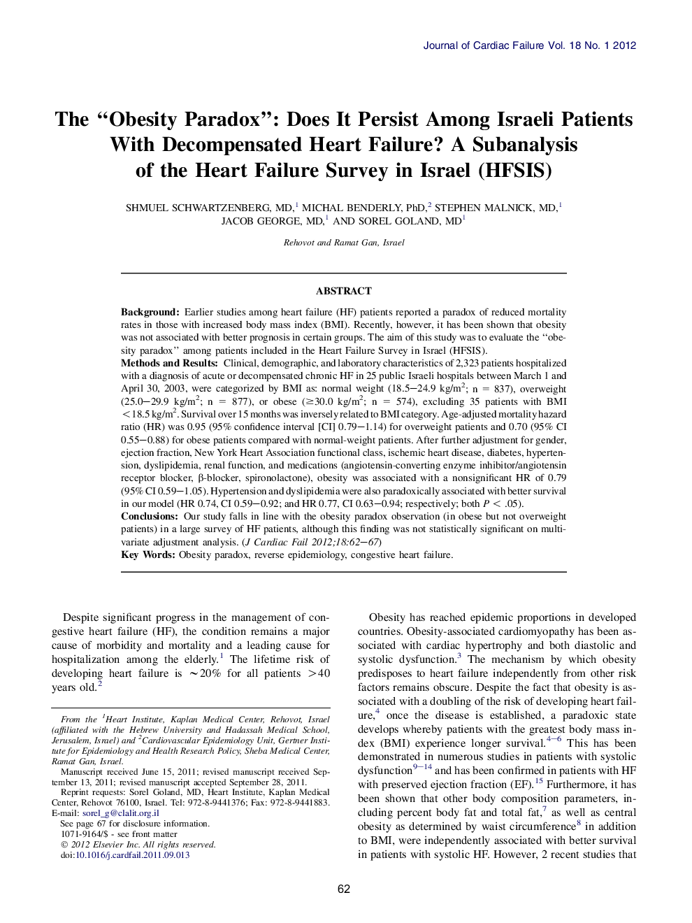 The “Obesity Paradox”: Does It Persist Among Israeli Patients With Decompensated Heart Failure? A Subanalysis of the Heart Failure Survey in Israel (HFSIS)