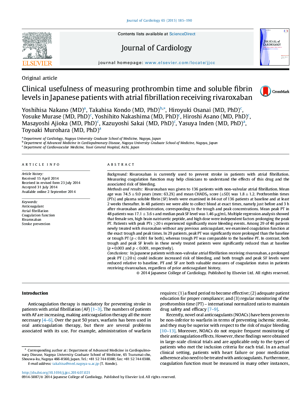 Clinical usefulness of measuring prothrombin time and soluble fibrin levels in Japanese patients with atrial fibrillation receiving rivaroxaban