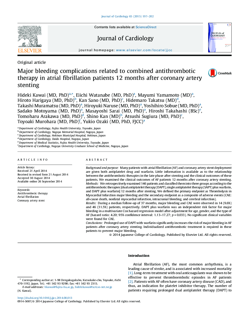Major bleeding complications related to combined antithrombotic therapy in atrial fibrillation patients 12 months after coronary artery stenting