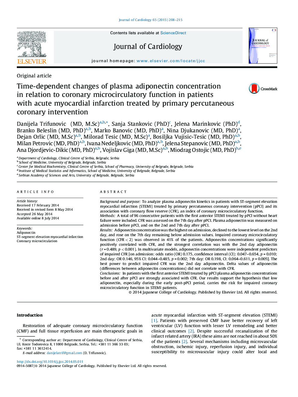 Time-dependent changes of plasma adiponectin concentration in relation to coronary microcirculatory function in patients with acute myocardial infarction treated by primary percutaneous coronary intervention