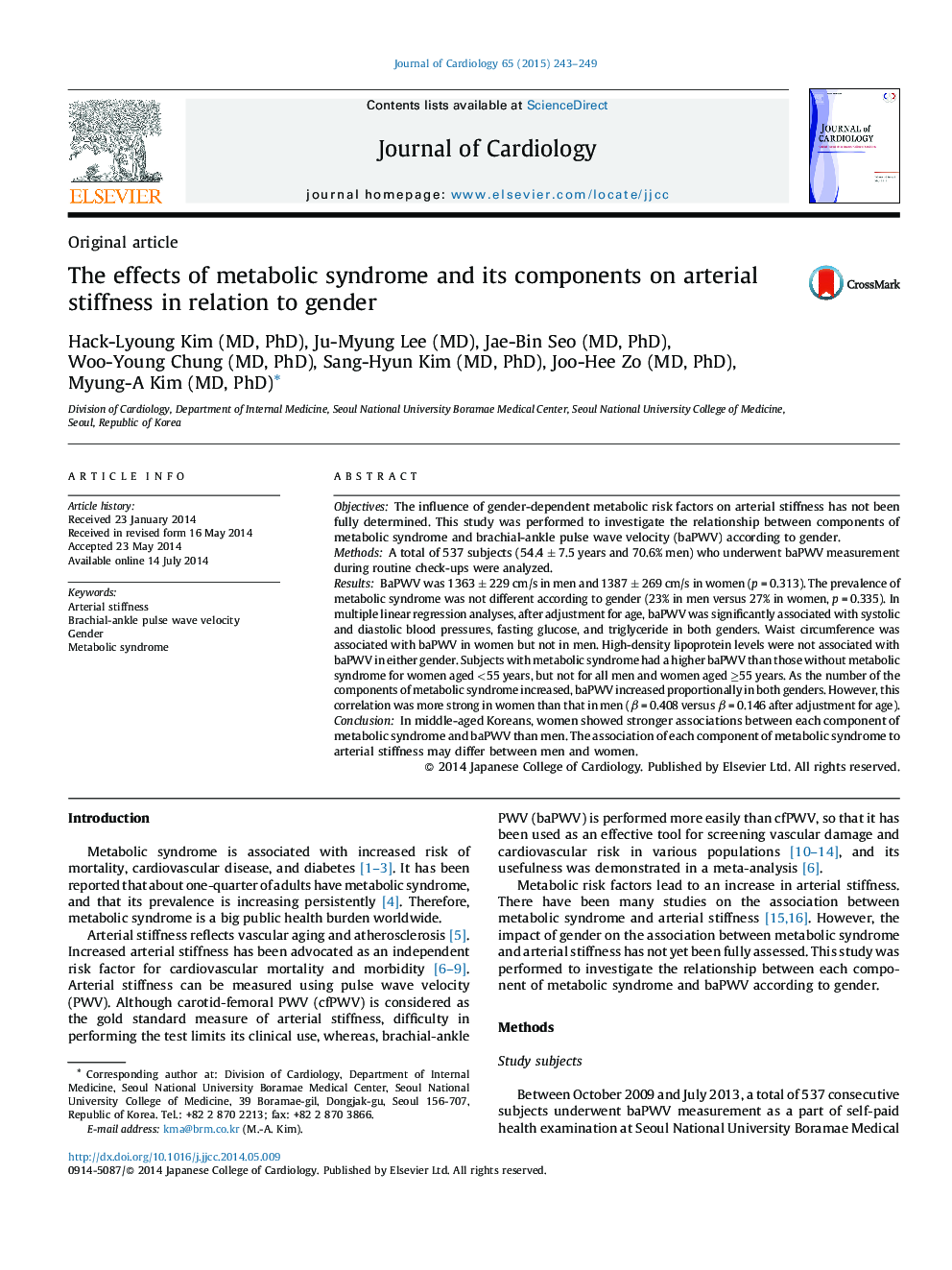 The effects of metabolic syndrome and its components on arterial stiffness in relation to gender