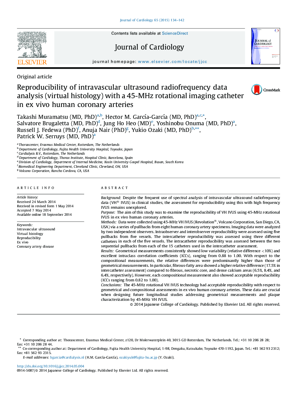 Reproducibility of intravascular ultrasound radiofrequency data analysis (virtual histology) with a 45-MHz rotational imaging catheter in ex vivo human coronary arteries