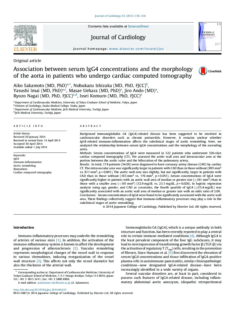 Association between serum IgG4 concentrations and the morphology of the aorta in patients who undergo cardiac computed tomography