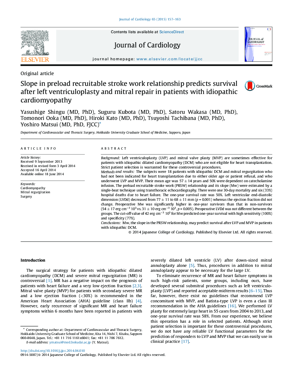 Slope in preload recruitable stroke work relationship predicts survival after left ventriculoplasty and mitral repair in patients with idiopathic cardiomyopathy