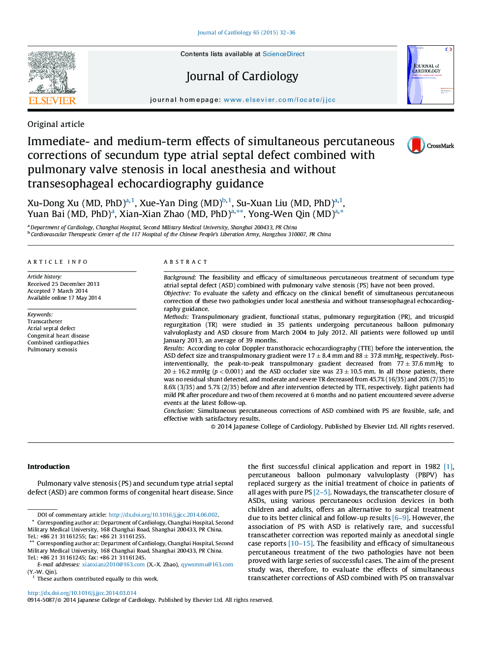 Immediate- and medium-term effects of simultaneous percutaneous corrections of secundum type atrial septal defect combined with pulmonary valve stenosis in local anesthesia and without transesophageal echocardiography guidance