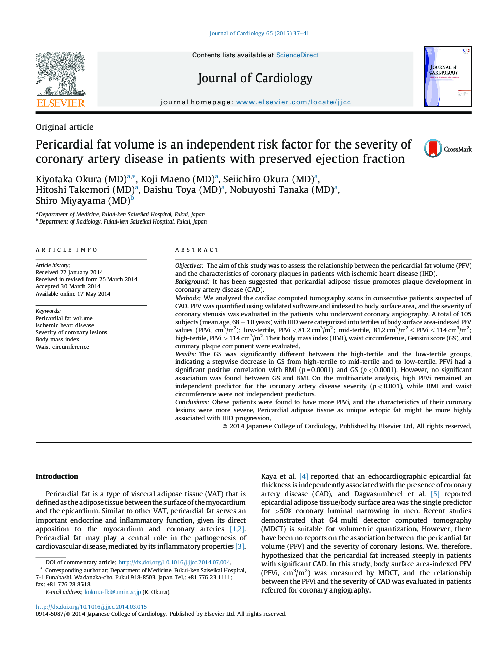 Pericardial fat volume is an independent risk factor for the severity of coronary artery disease in patients with preserved ejection fraction