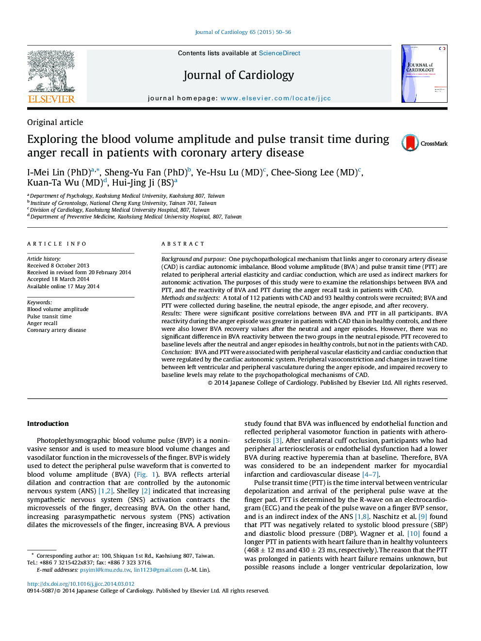 Exploring the blood volume amplitude and pulse transit time during anger recall in patients with coronary artery disease