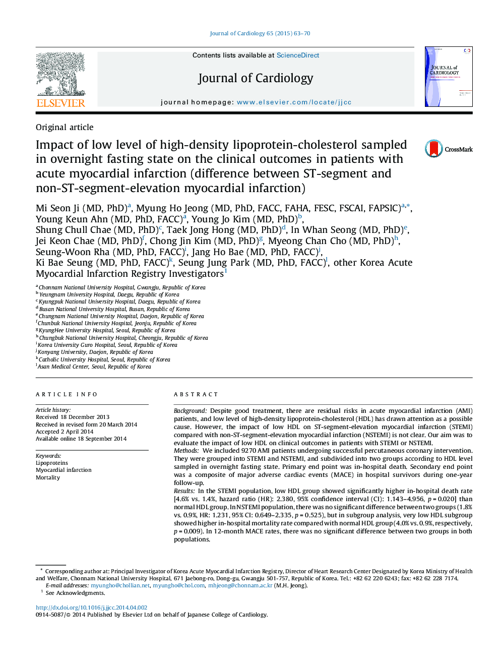 Impact of low level of high-density lipoprotein-cholesterol sampled in overnight fasting state on the clinical outcomes in patients with acute myocardial infarction (difference between ST-segment and non-ST-segment-elevation myocardial infarction)