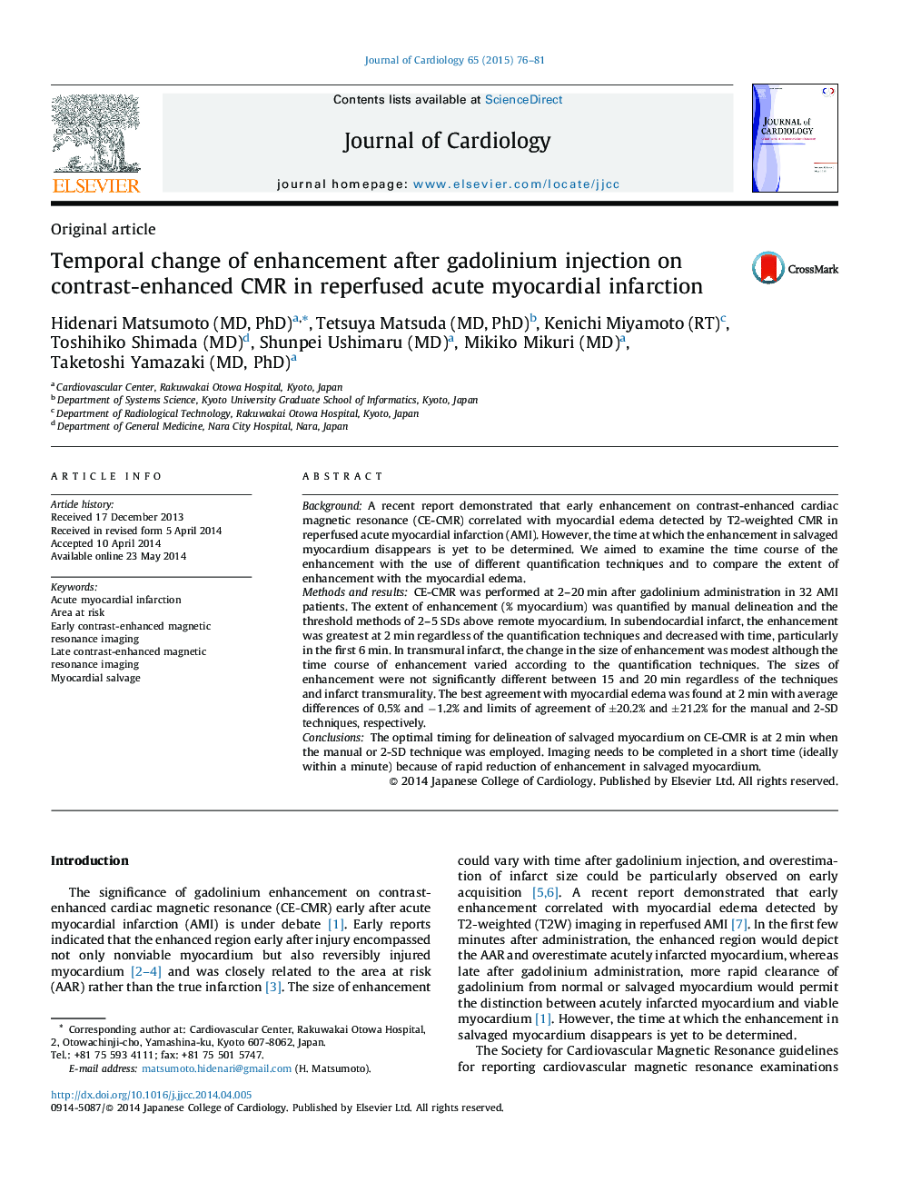 Temporal change of enhancement after gadolinium injection on contrast-enhanced CMR in reperfused acute myocardial infarction