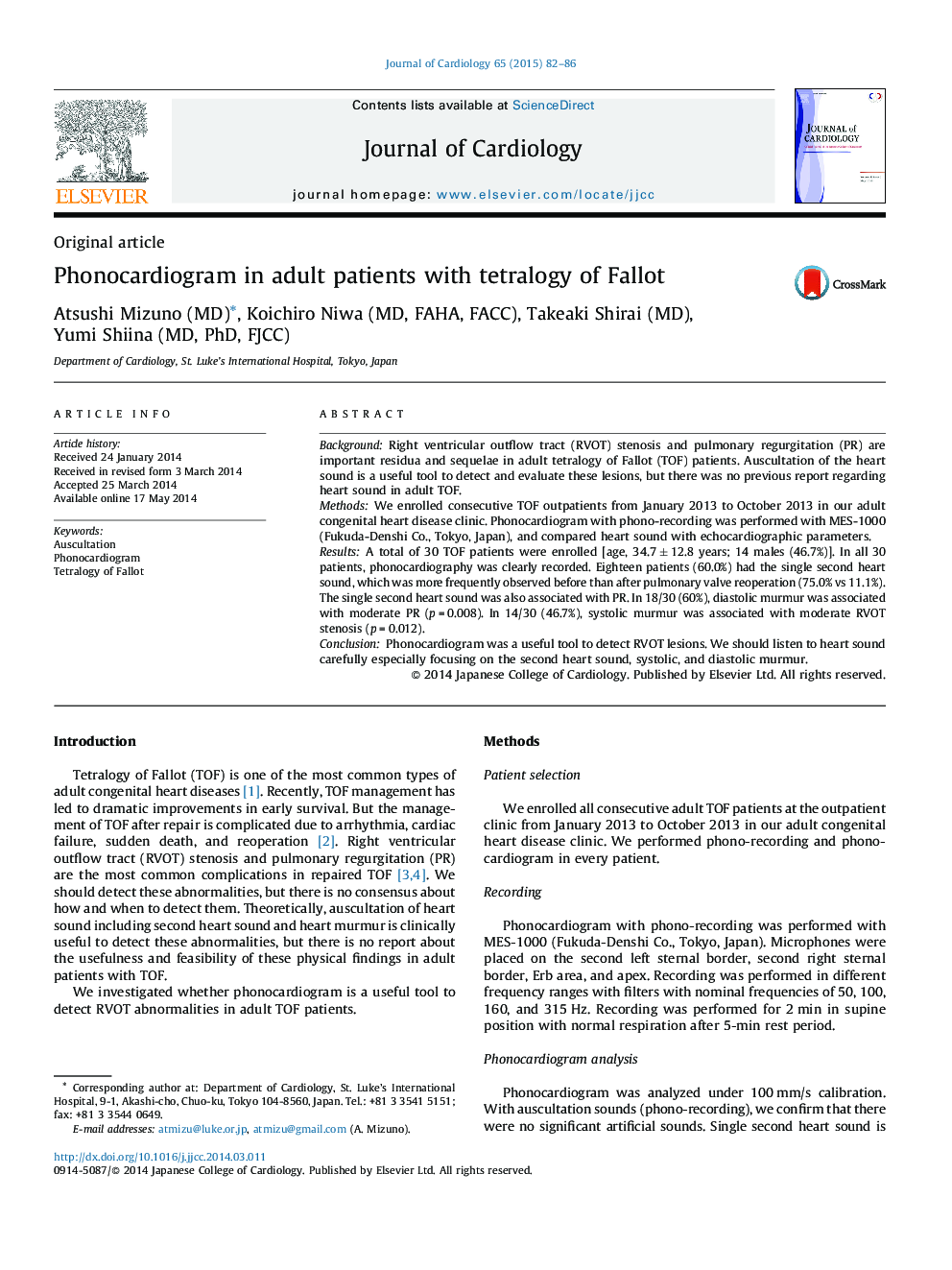 Phonocardiogram in adult patients with tetralogy of Fallot