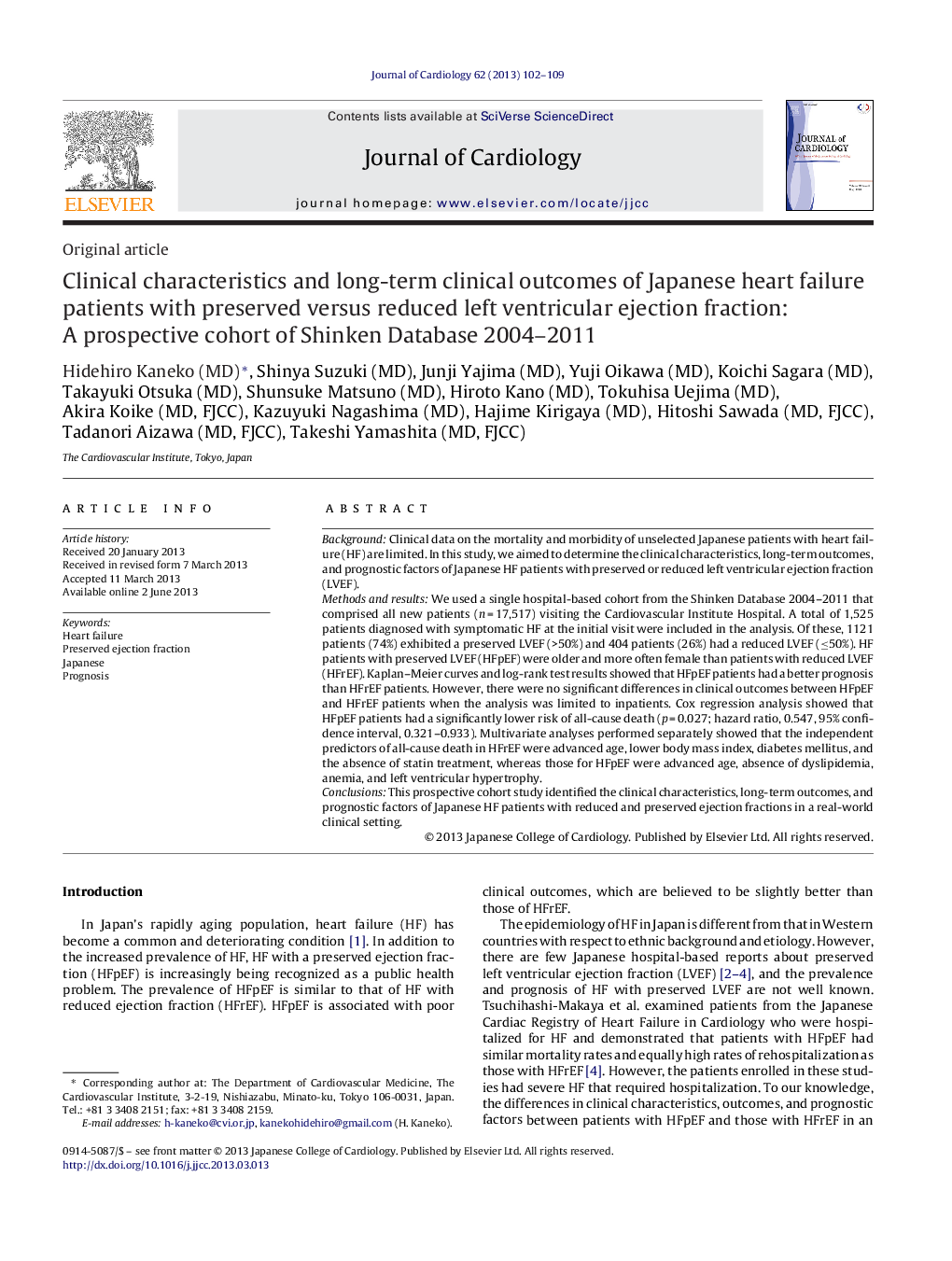 Clinical characteristics and long-term clinical outcomes of Japanese heart failure patients with preserved versus reduced left ventricular ejection fraction: A prospective cohort of Shinken Database 2004-2011