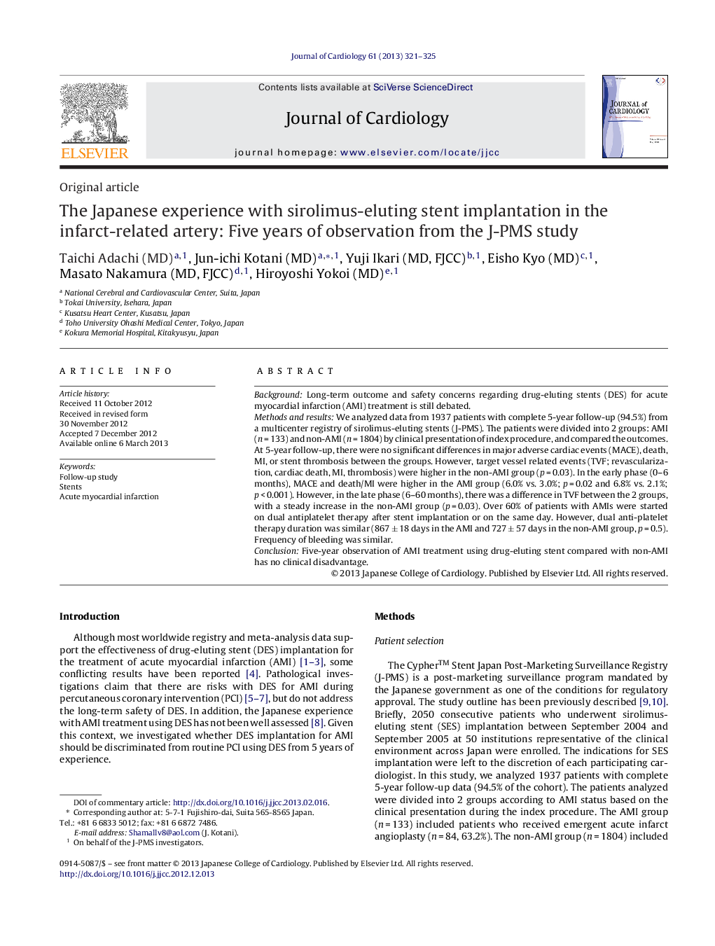 The Japanese experience with sirolimus-eluting stent implantation in the infarct-related artery: Five years of observation from the J-PMS study