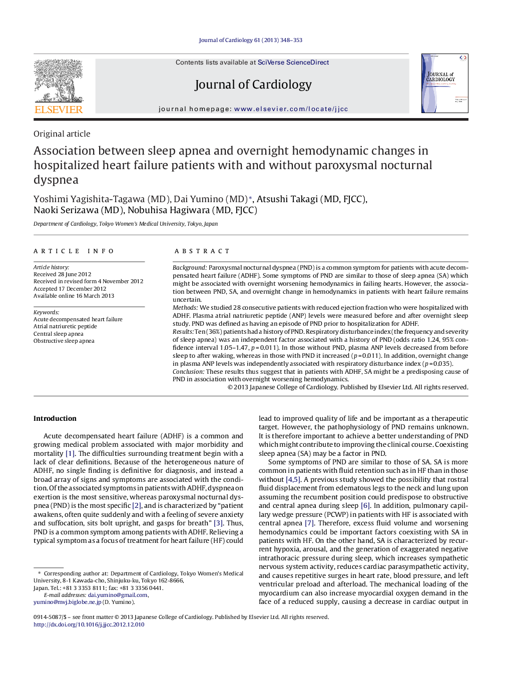 Association between sleep apnea and overnight hemodynamic changes in hospitalized heart failure patients with and without paroxysmal nocturnal dyspnea