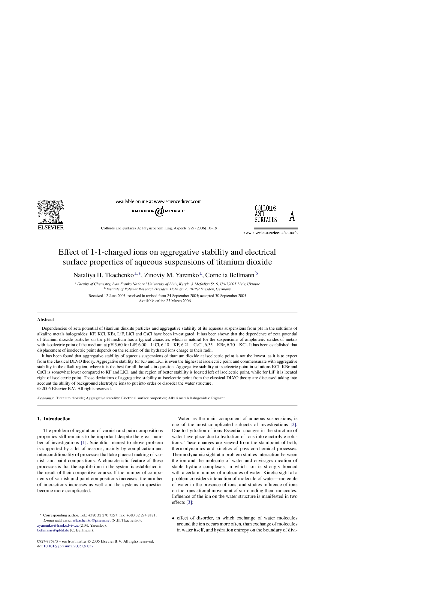 Effect of 1-1-charged ions on aggregative stability and electrical surface properties of aqueous suspensions of titanium dioxide