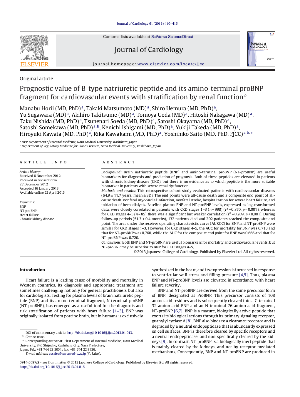 Prognostic value of B-type natriuretic peptide and its amino-terminal proBNP fragment for cardiovascular events with stratification by renal function