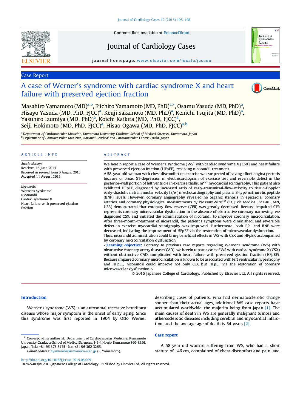 A case of Werner's syndrome with cardiac syndrome X and heart failure with preserved ejection fraction