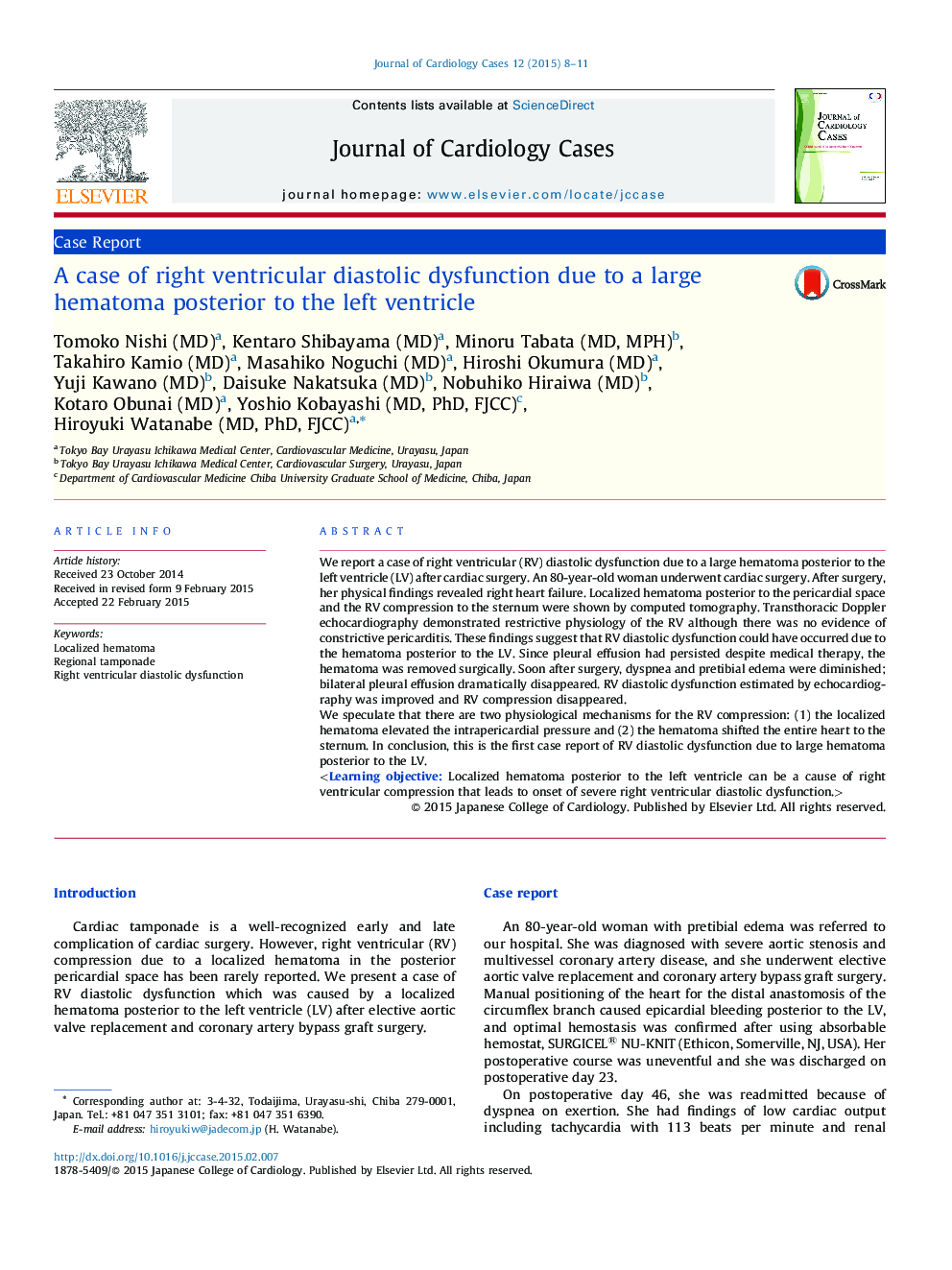 A case of right ventricular diastolic dysfunction due to a large hematoma posterior to the left ventricle