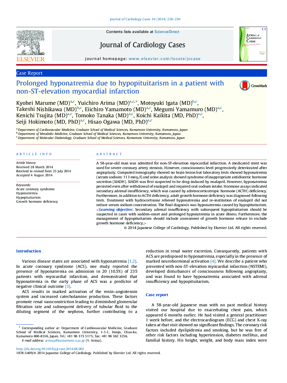 Prolonged hyponatremia due to hypopituitarism in a patient with non-ST-elevation myocardial infarction