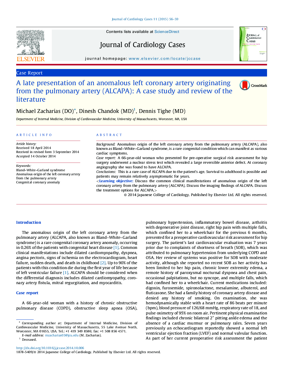 A late presentation of an anomalous left coronary artery originating from the pulmonary artery (ALCAPA): A case study and review of the literature