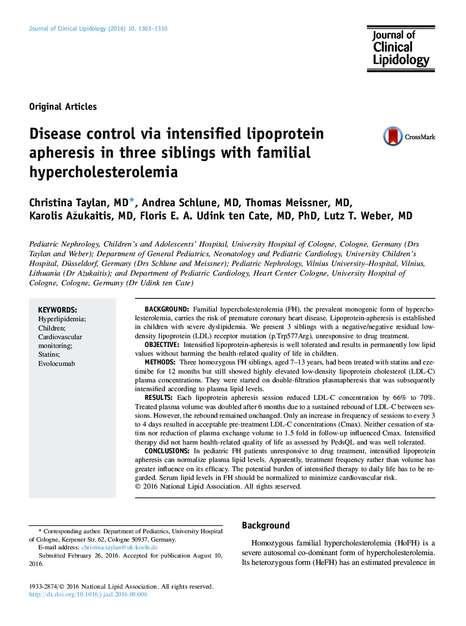 Disease control via intensified lipoprotein apheresis in three siblings with familial hypercholesterolemia