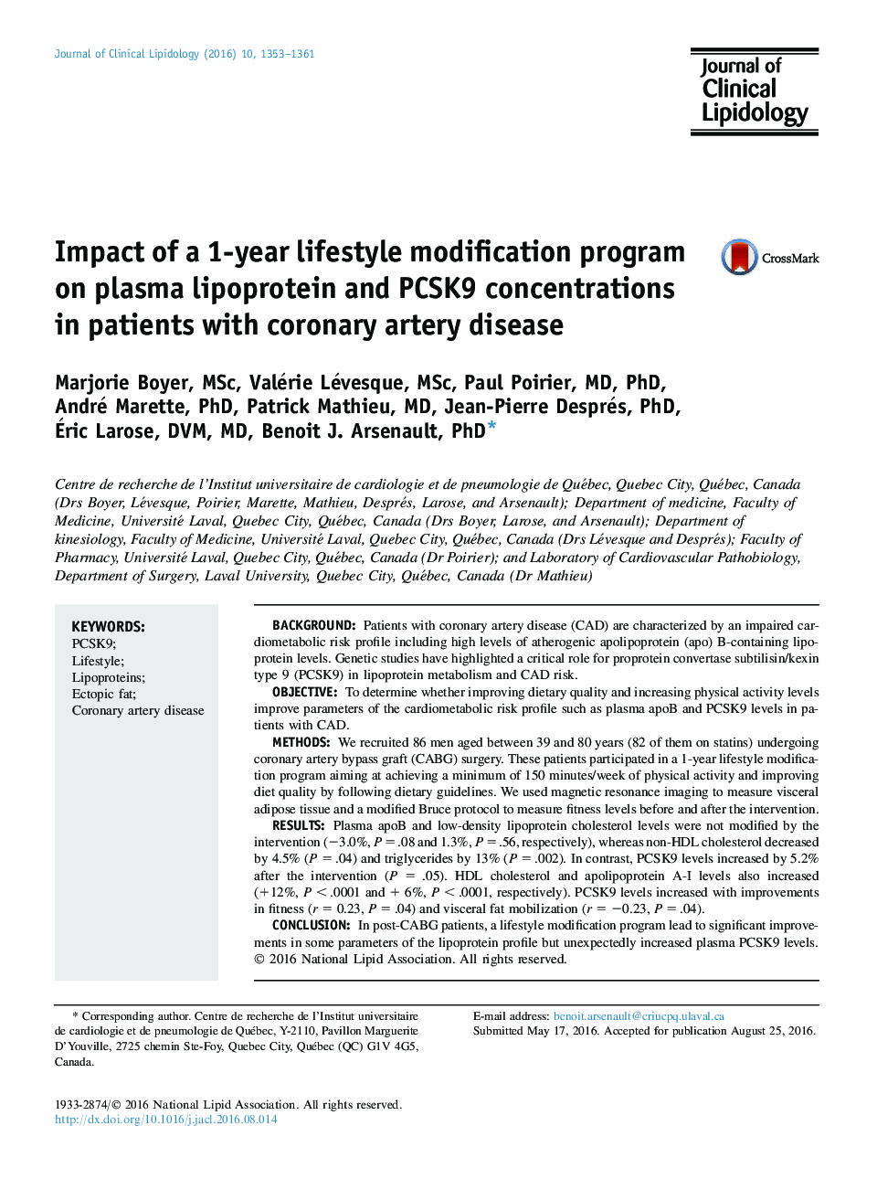 Impact of a 1-year lifestyle modification program on plasma lipoprotein and PCSK9 concentrations in patients with coronary artery disease