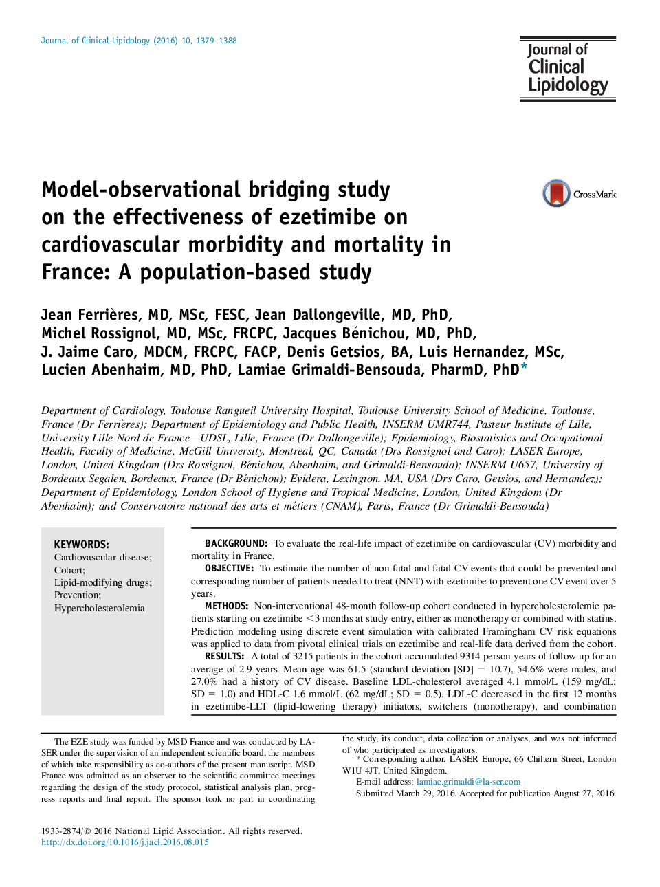 Model-observational bridging study on the effectiveness of ezetimibe on cardiovascular morbidity and mortality in France: A population-based study