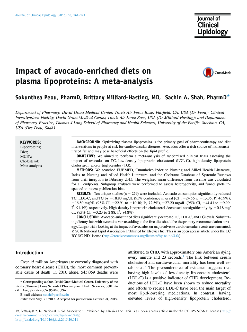 Impact of avocado-enriched diets on plasma lipoproteins: A meta-analysis