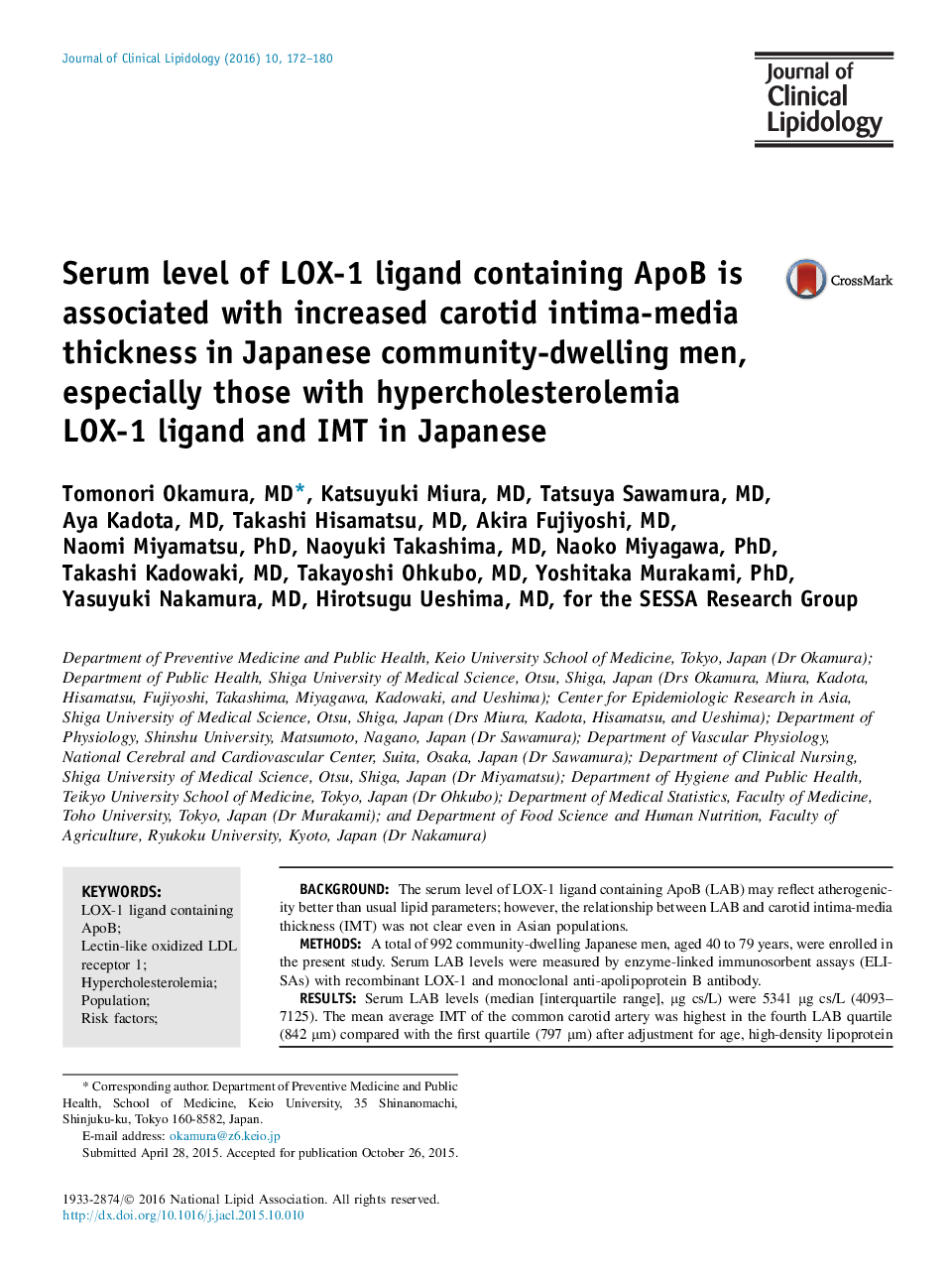 Serum level of LOX-1 ligand containing ApoB is associated with increased carotid intima-media thickness in Japanese community-dwelling men, especially those with hypercholesterolemiaLOX-1 ligand and IMT in Japanese