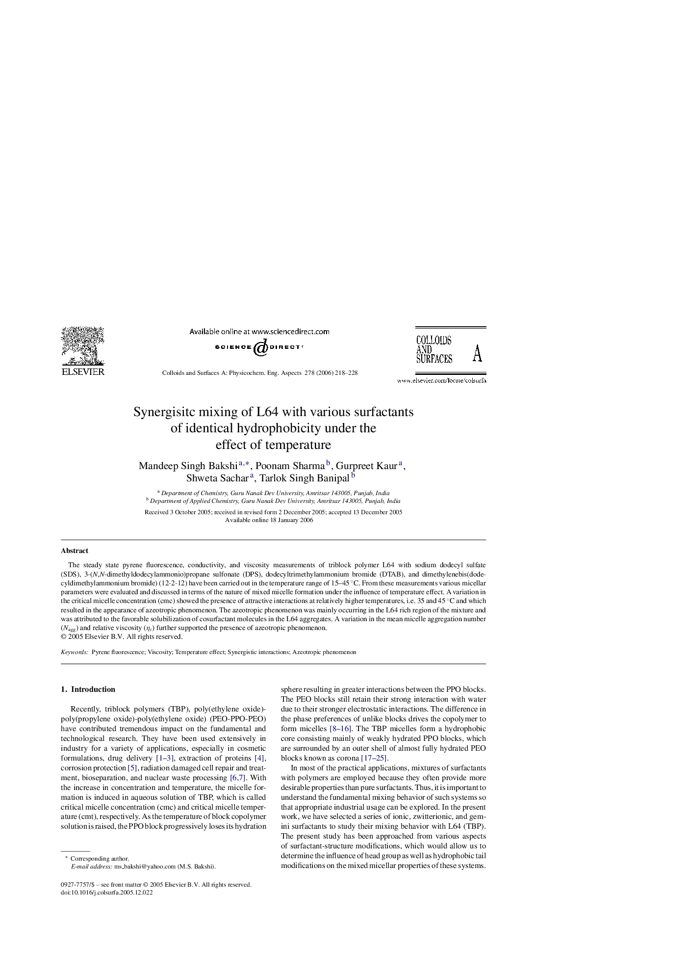 Synergisitc mixing of L64 with various surfactants of identical hydrophobicity under the effect of temperature