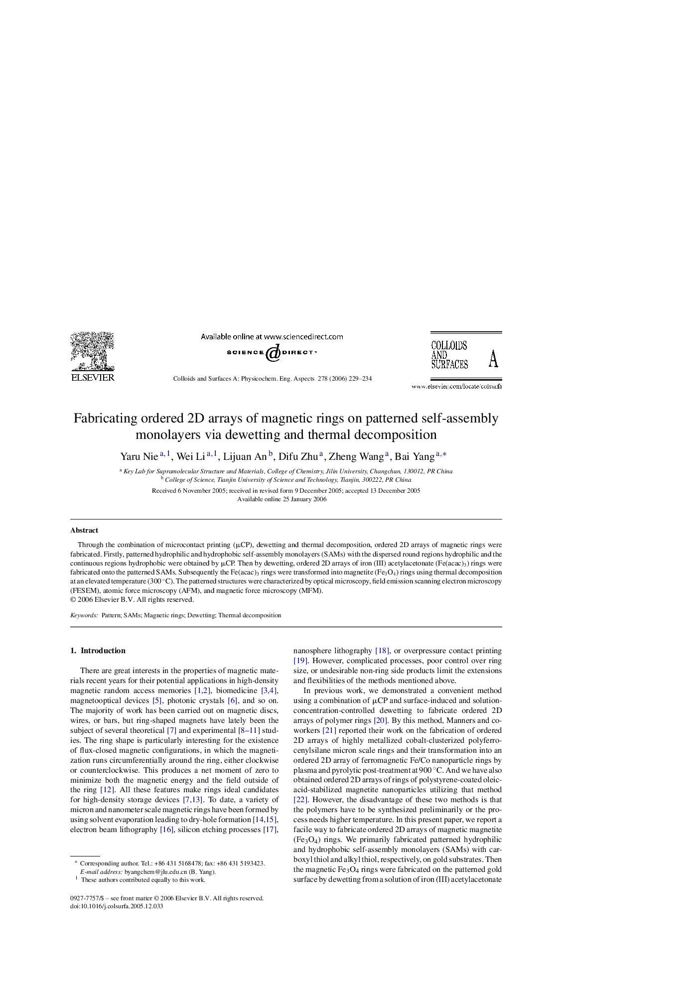 Fabricating ordered 2D arrays of magnetic rings on patterned self-assembly monolayers via dewetting and thermal decomposition