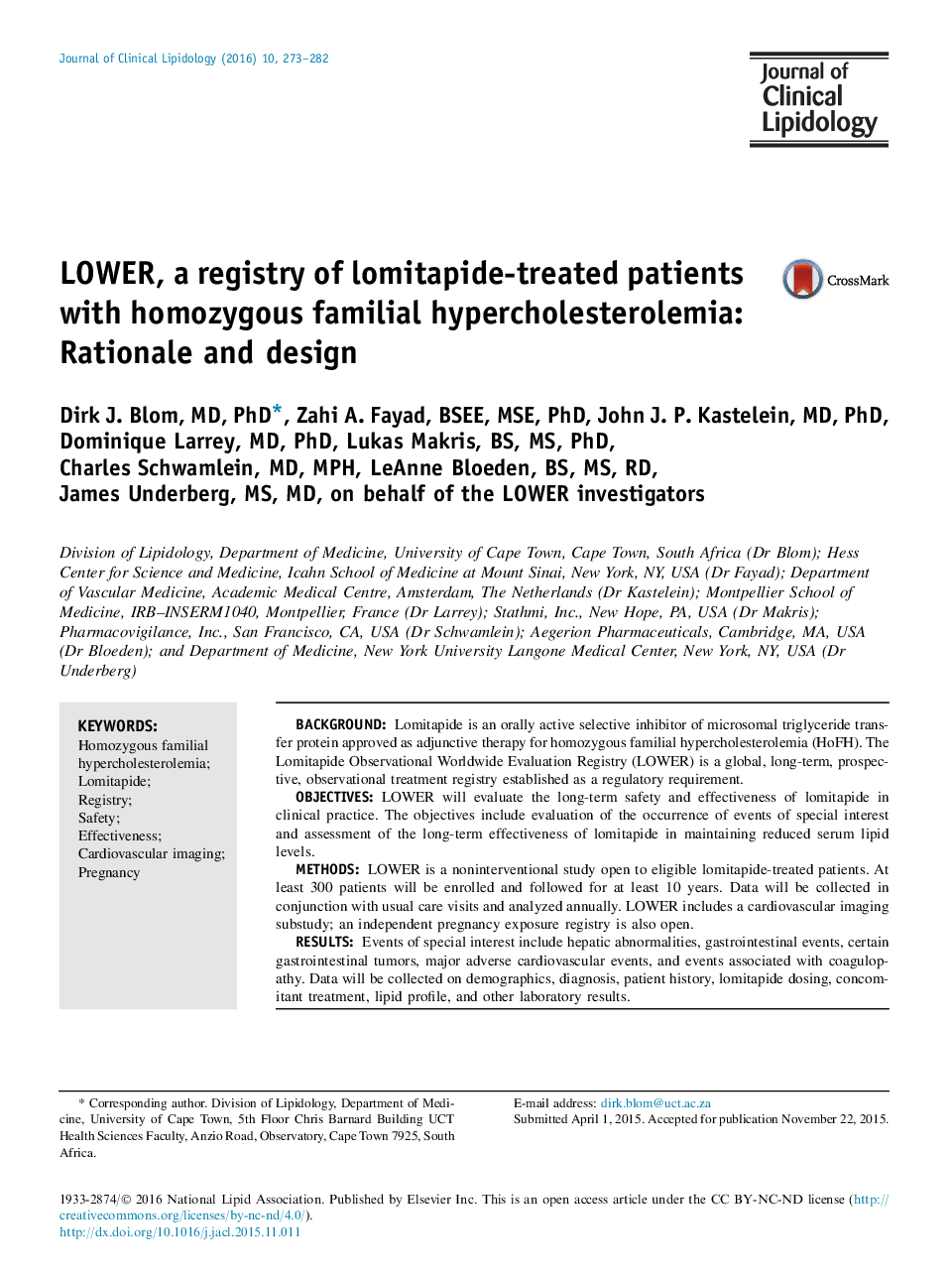 LOWER, a registry of lomitapide-treated patients with homozygous familial hypercholesterolemia: Rationale and design