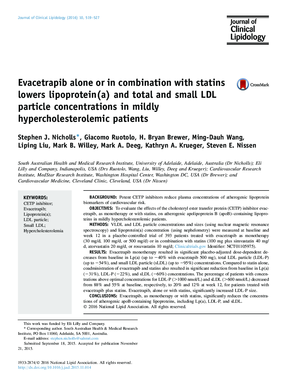 Evacetrapib alone or in combination with statins lowers lipoprotein(a) and total and small LDL particle concentrations in mildly hypercholesterolemic patients