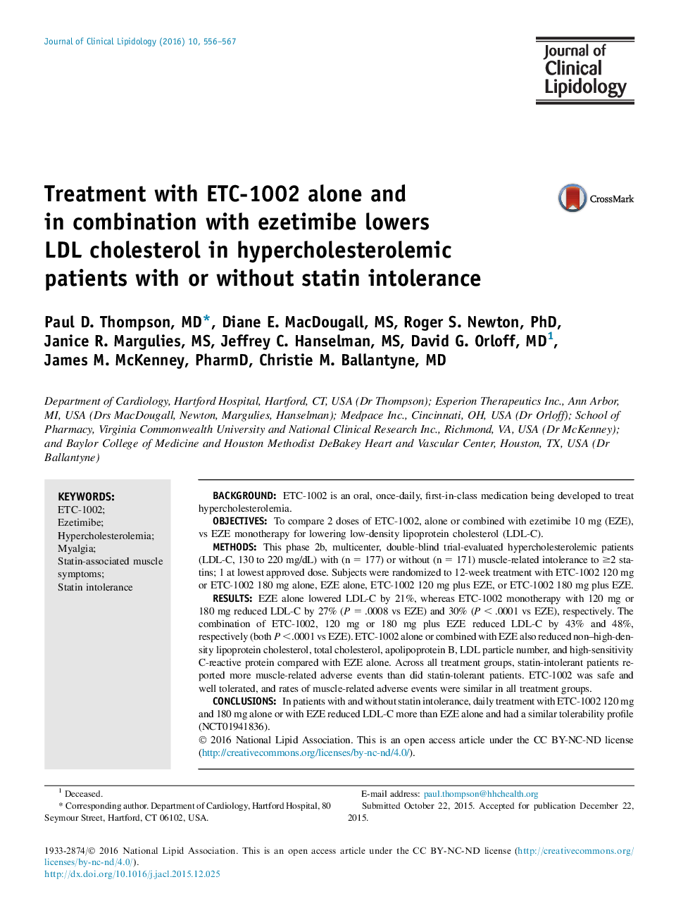 Treatment with ETC-1002 alone and in combination with ezetimibe lowers LDL cholesterol in hypercholesterolemic patients with or without statin intolerance