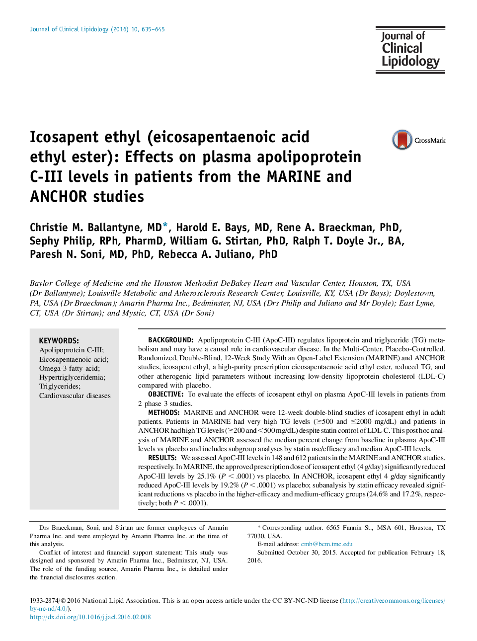 Icosapent ethyl (eicosapentaenoic acid ethyl ester): Effects on plasma apolipoprotein C-III levels in patients from the MARINE and ANCHOR studies