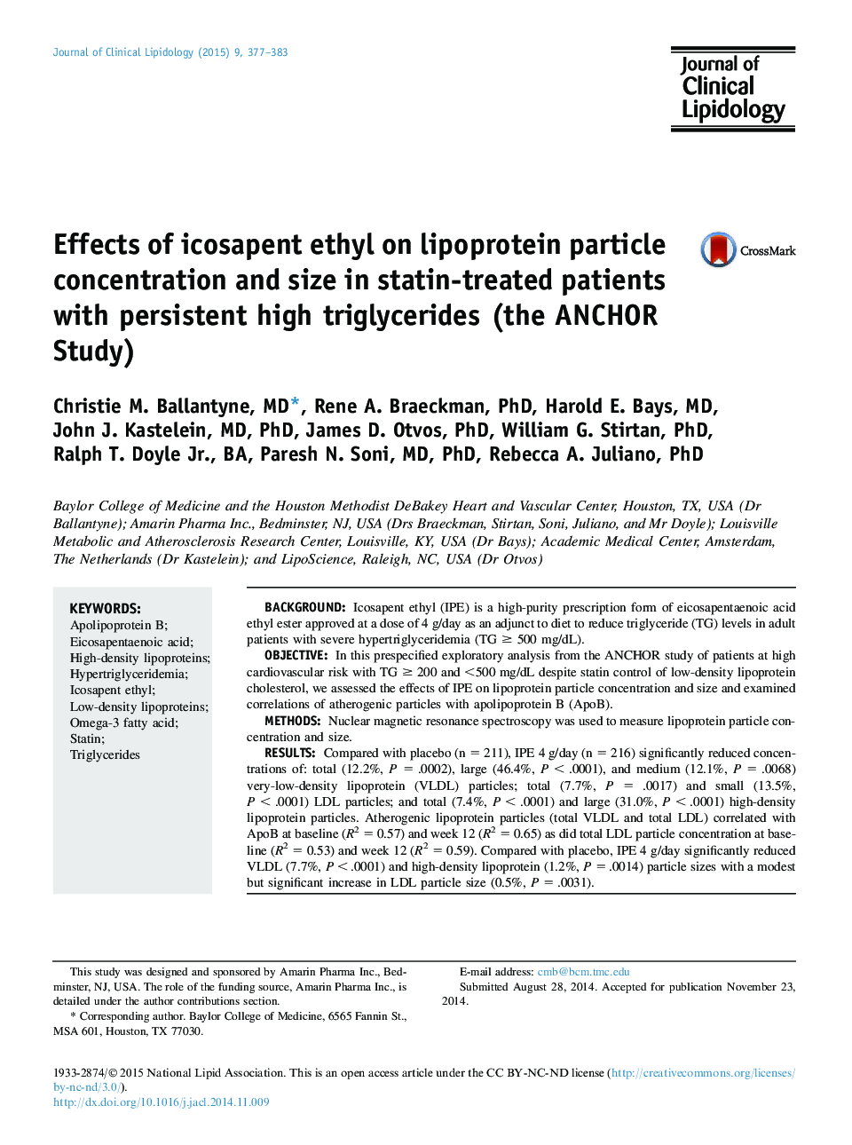 Effects of icosapent ethyl on lipoprotein particle concentration and size in statin-treated patients with persistent high triglycerides (the ANCHOR Study)