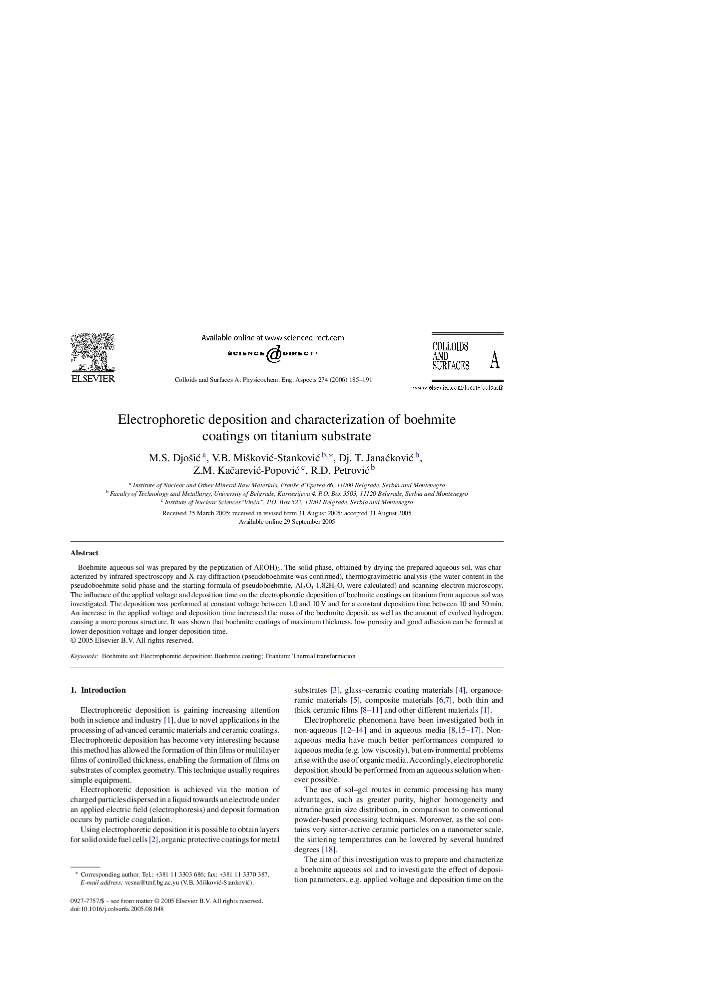 Electrophoretic deposition and characterization of boehmite coatings on titanium substrate