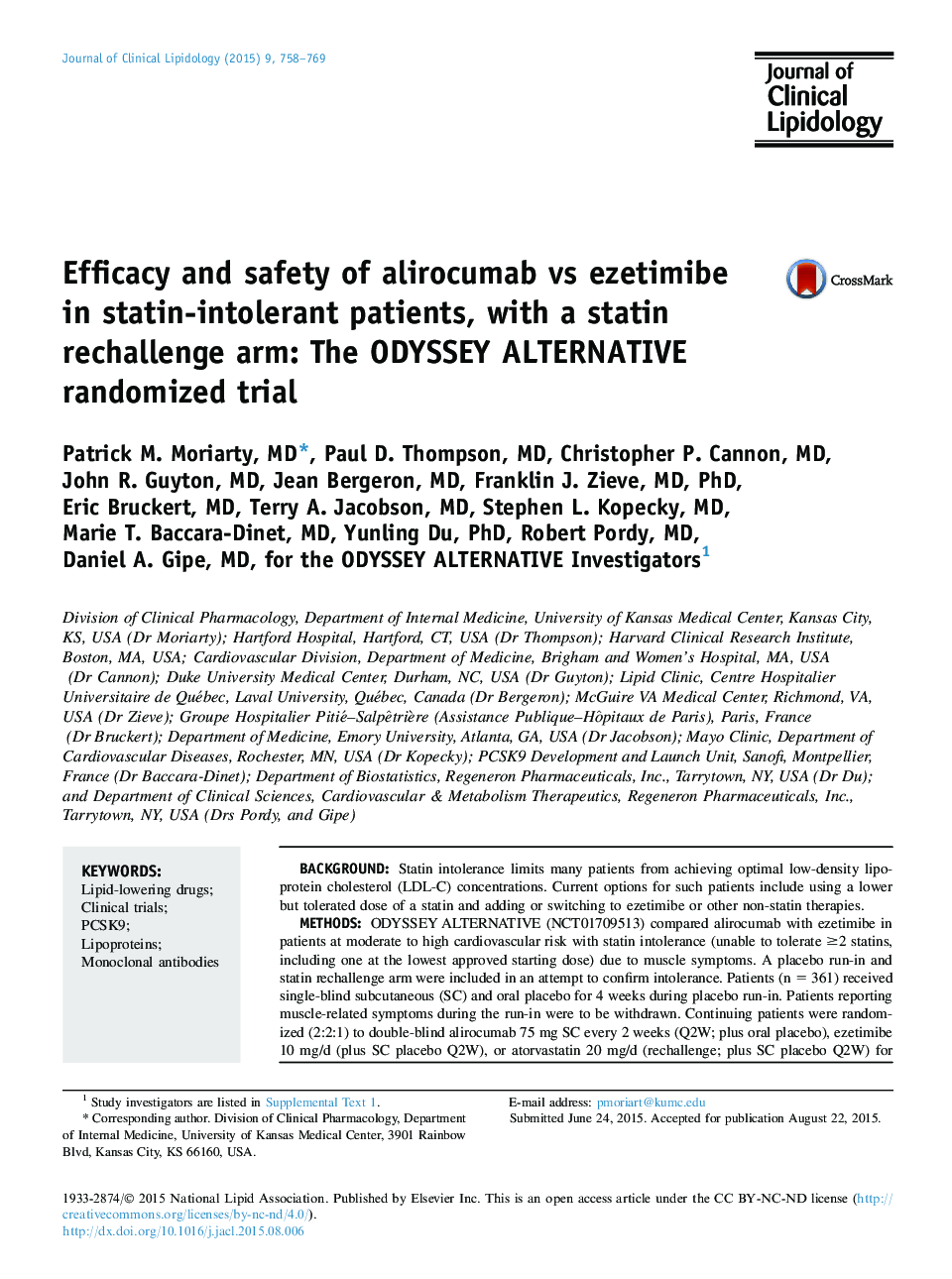 Efficacy and safety of alirocumab vs ezetimibe in statin-intolerant patients, with a statin rechallenge arm: The ODYSSEY ALTERNATIVE randomized trial