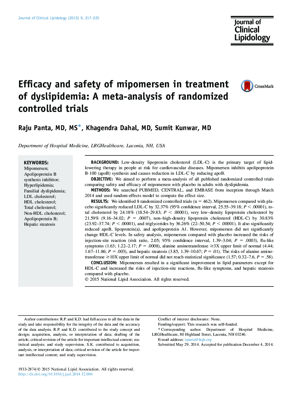 Efficacy and safety of mipomersen in treatment of dyslipidemia: A meta-analysis of randomized controlled trials