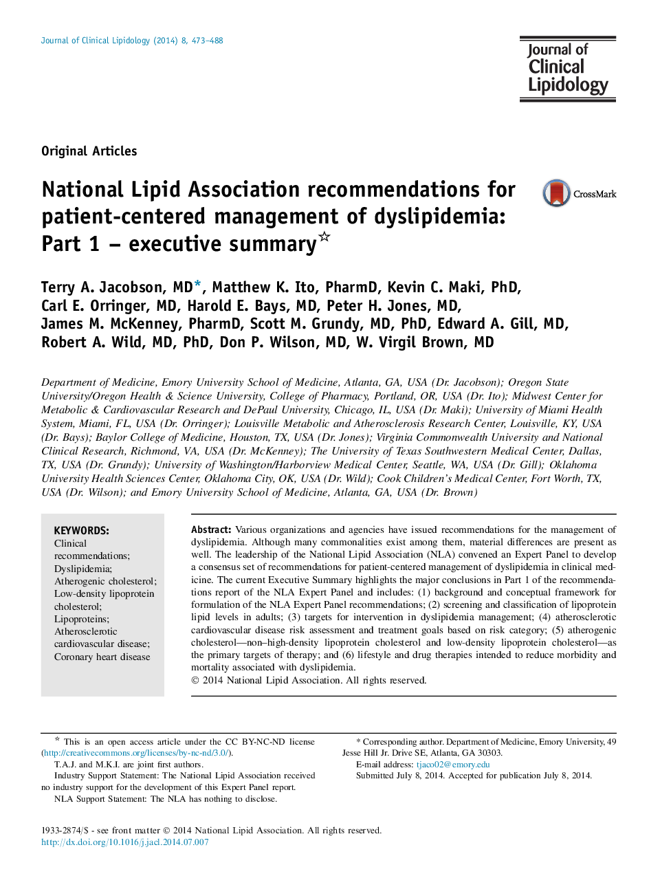 National Lipid Association recommendations for patient-centered management of dyslipidemia: Part 1 - executive summary