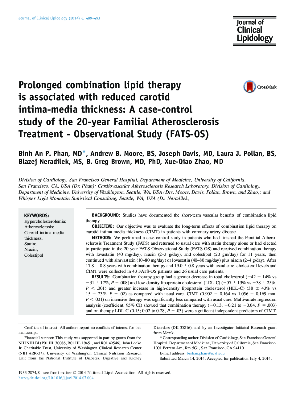 Prolonged combination lipid therapy is associated with reduced carotid intima-media thickness: A case-control study of the 20-year Familial Atherosclerosis Treatment - Observational Study (FATS-OS)