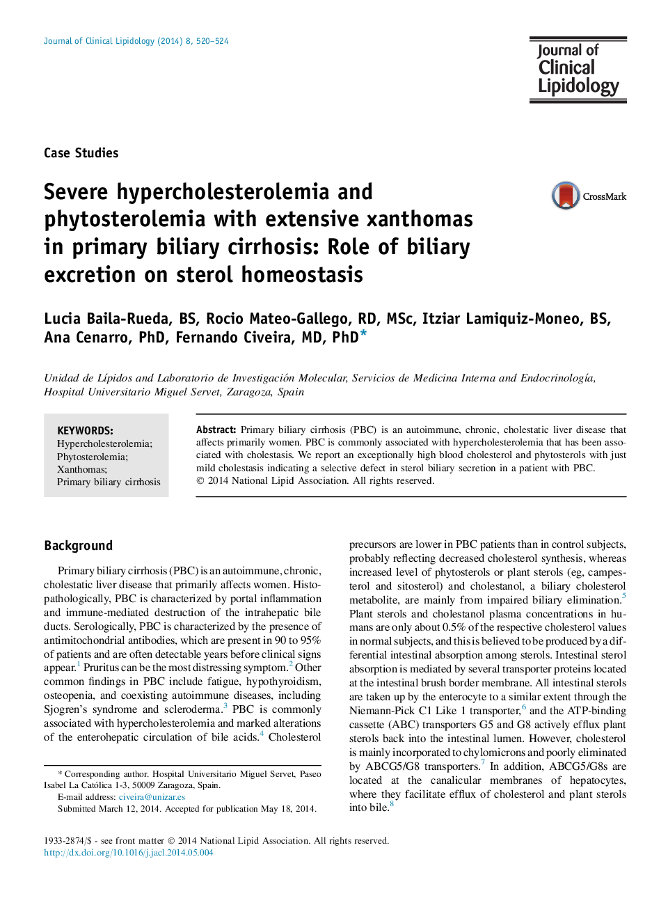 Severe hypercholesterolemia and phytosterolemia with extensive xanthomas in primary biliary cirrhosis: Role of biliary excretion on sterol homeostasis