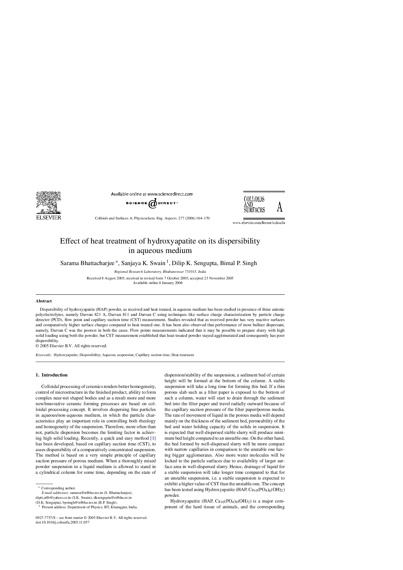 Effect of heat treatment of hydroxyapatite on its dispersibility in aqueous medium