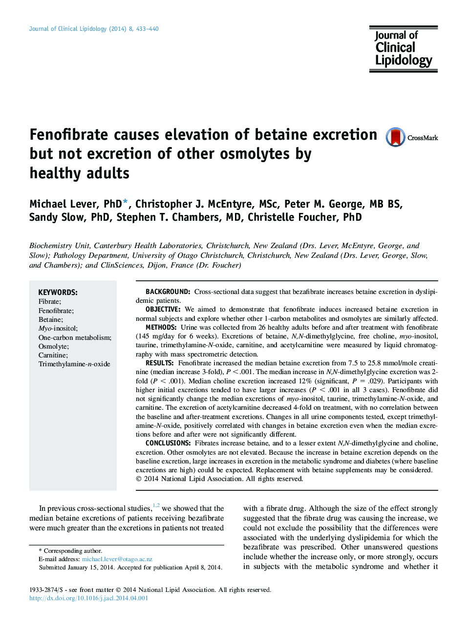 Fenofibrate causes elevation of betaine excretion but not excretion of other osmolytes by healthyÂ adults