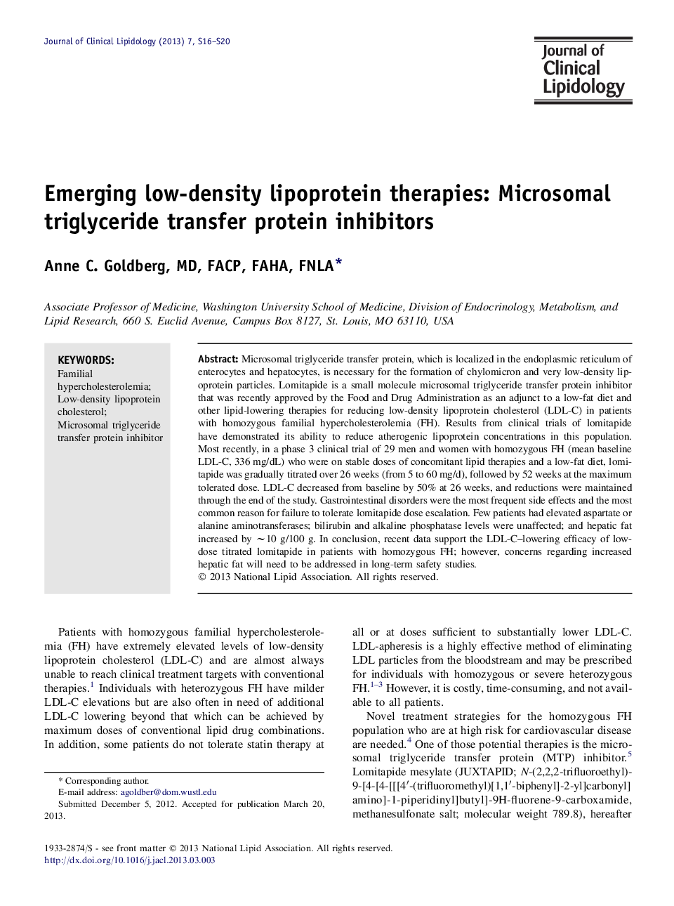 Emerging low-density lipoprotein therapies: Microsomal triglyceride transfer protein inhibitors