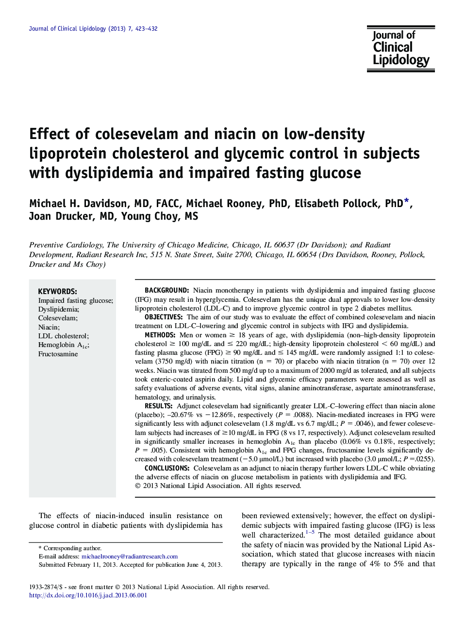 Effect of colesevelam and niacin on low-density lipoprotein cholesterol and glycemic control in subjects with dyslipidemia and impaired fasting glucose