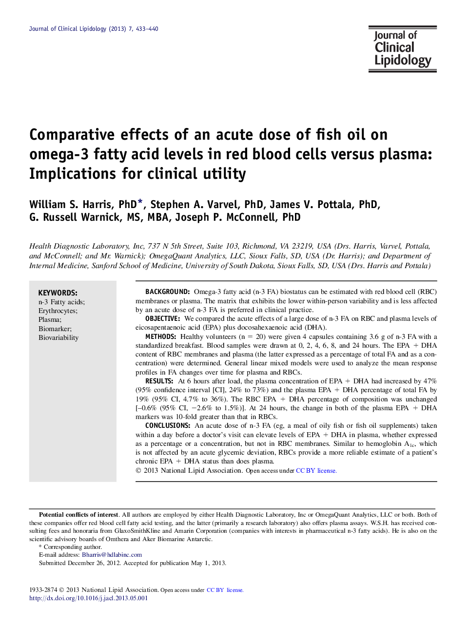 Comparative effects of an acute dose of fish oil on omega-3 fatty acid levels in red blood cells versus plasma: Implications for clinical utility